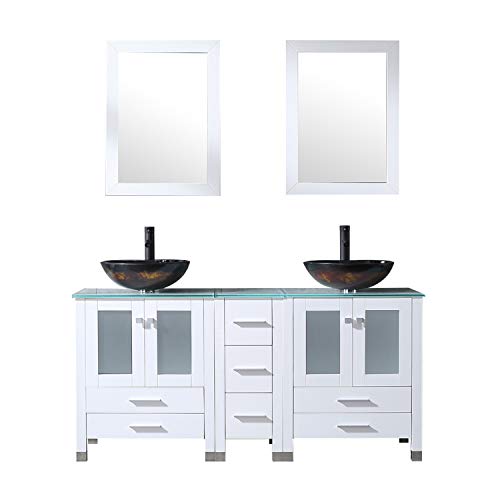 60 White Bathroom Double Wood Vanity Cabinet With Mirrors Round