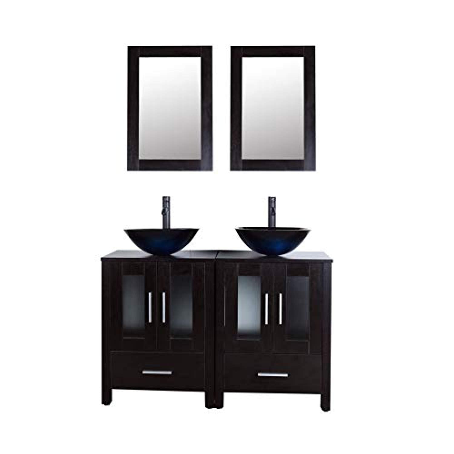 48 Black Bathroom Vanity Cabinet Double Sink Combo W Mirror Faucet And Drain Glass Sink