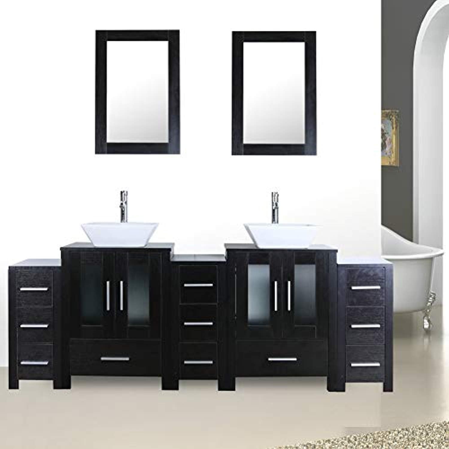 84 Double Sink Bathroom Vanity Unit And Sink Combo Black Wood Texture Ek Chic Home