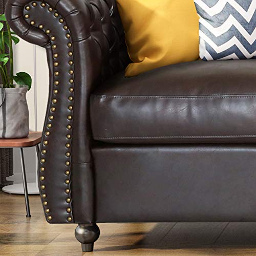 Chesterfield Tufted Bonded Leather Sofa with Scroll Arms
