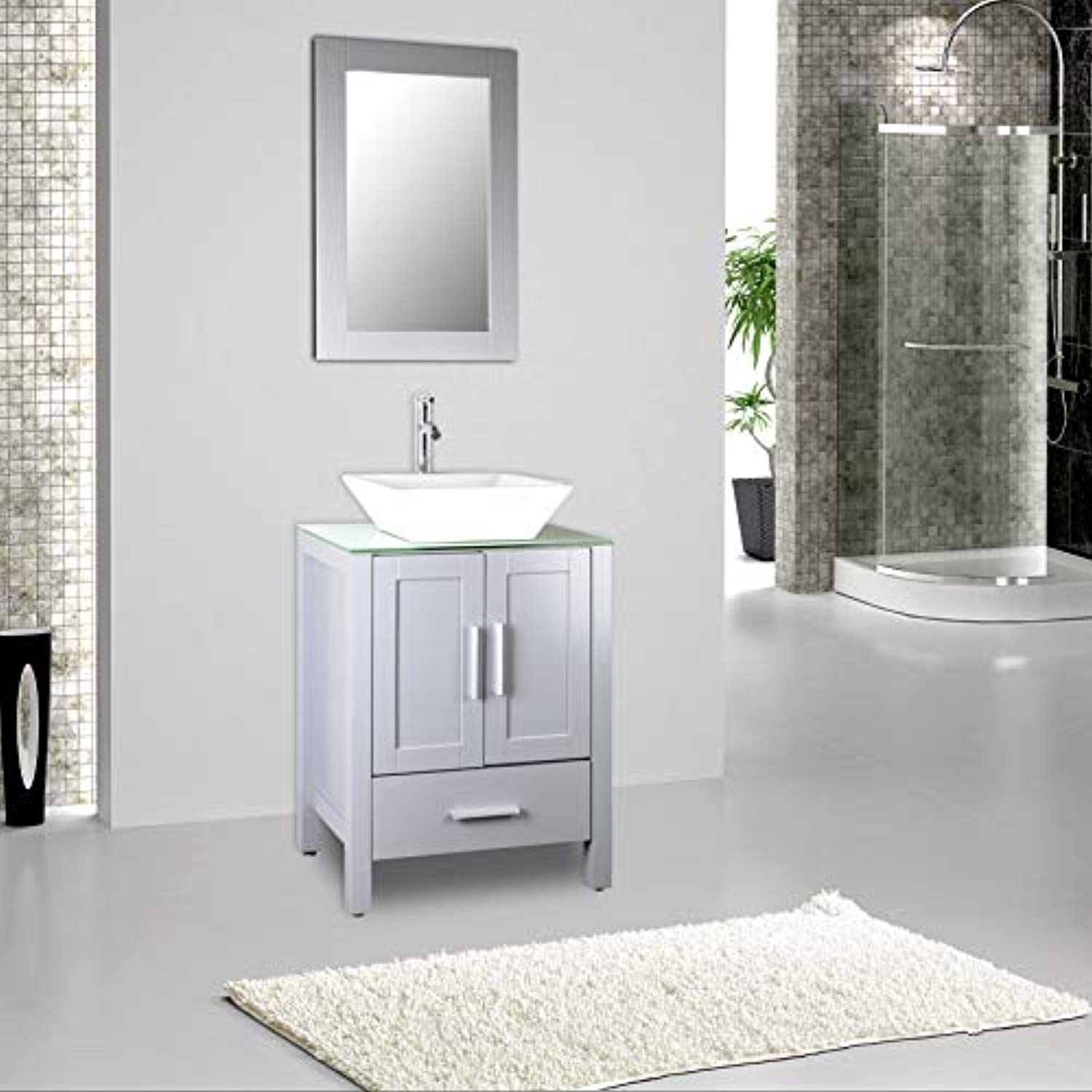 24 Grey Bathroom Vanity Cabinet And Sink Combo Glass Top Mdf Wood W Sink Faucet Drain Set Tools Home Improvement Bathroom Vanities Guardebemcom