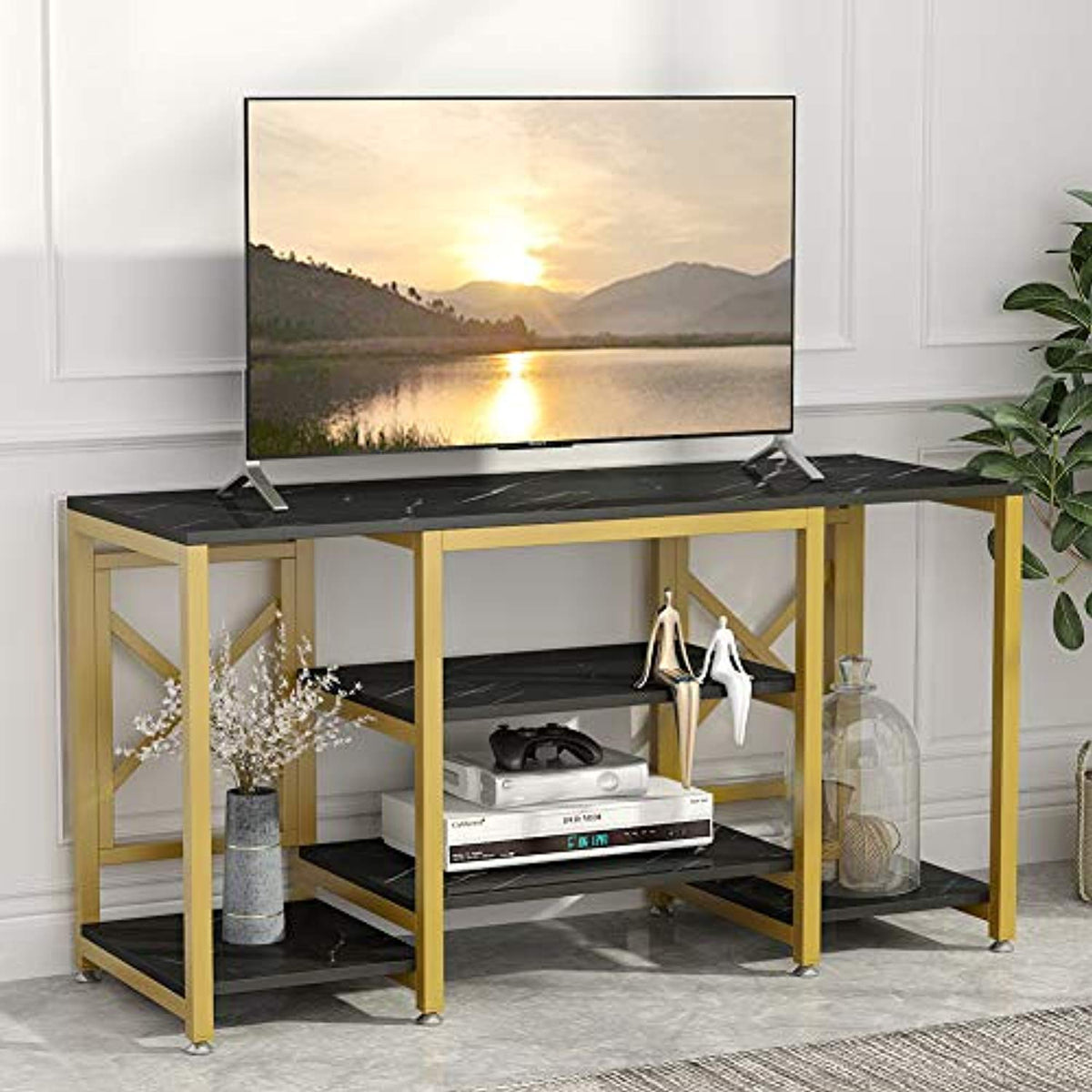 Gold TV Stand, Modern Entertainment Center Media Stand, 5 Shelf – EK