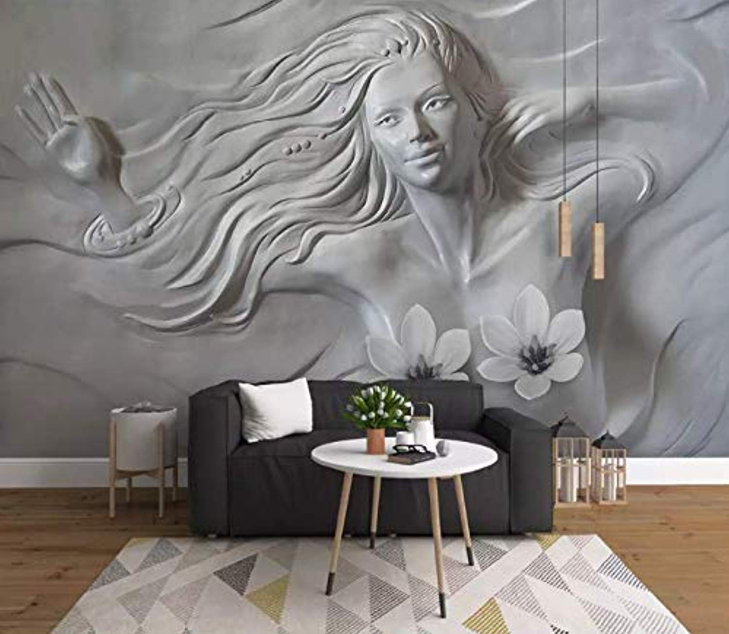 3D Embossed Sculpture Wallpaper Cement Lotus Girl Wall