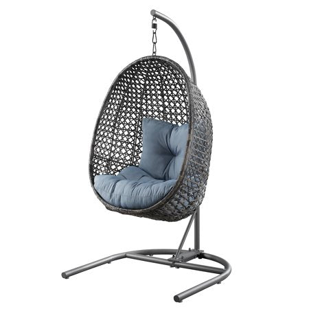 Patio Wicker Hanging Chair With Stand And Blue Cushion Ek Chic Home