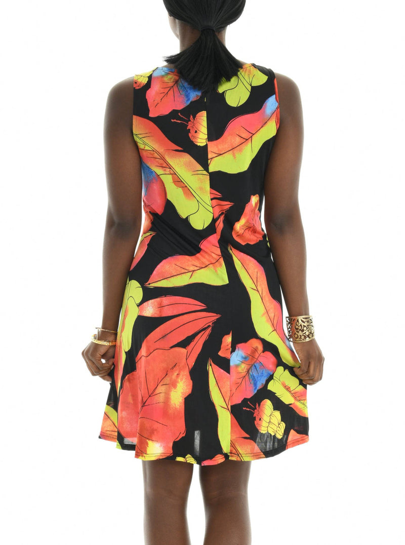 Leaf Print Sleeveless Fit & Flare Dress