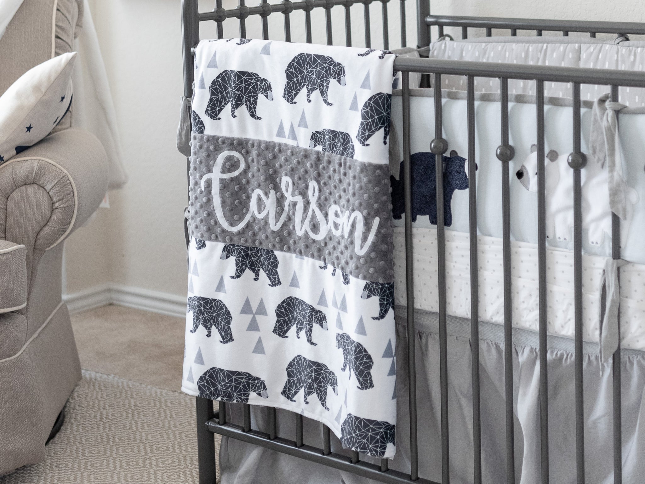 Gray Woodland Bear Personalized Baby Boy Blanket Libby Ann Quilts