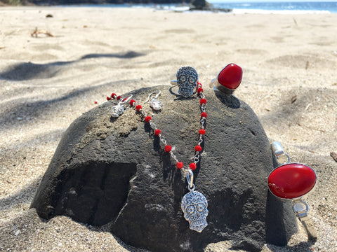 Handmade, Red Coral bangle, ring- sugar skull earrings, ring, and pendant.