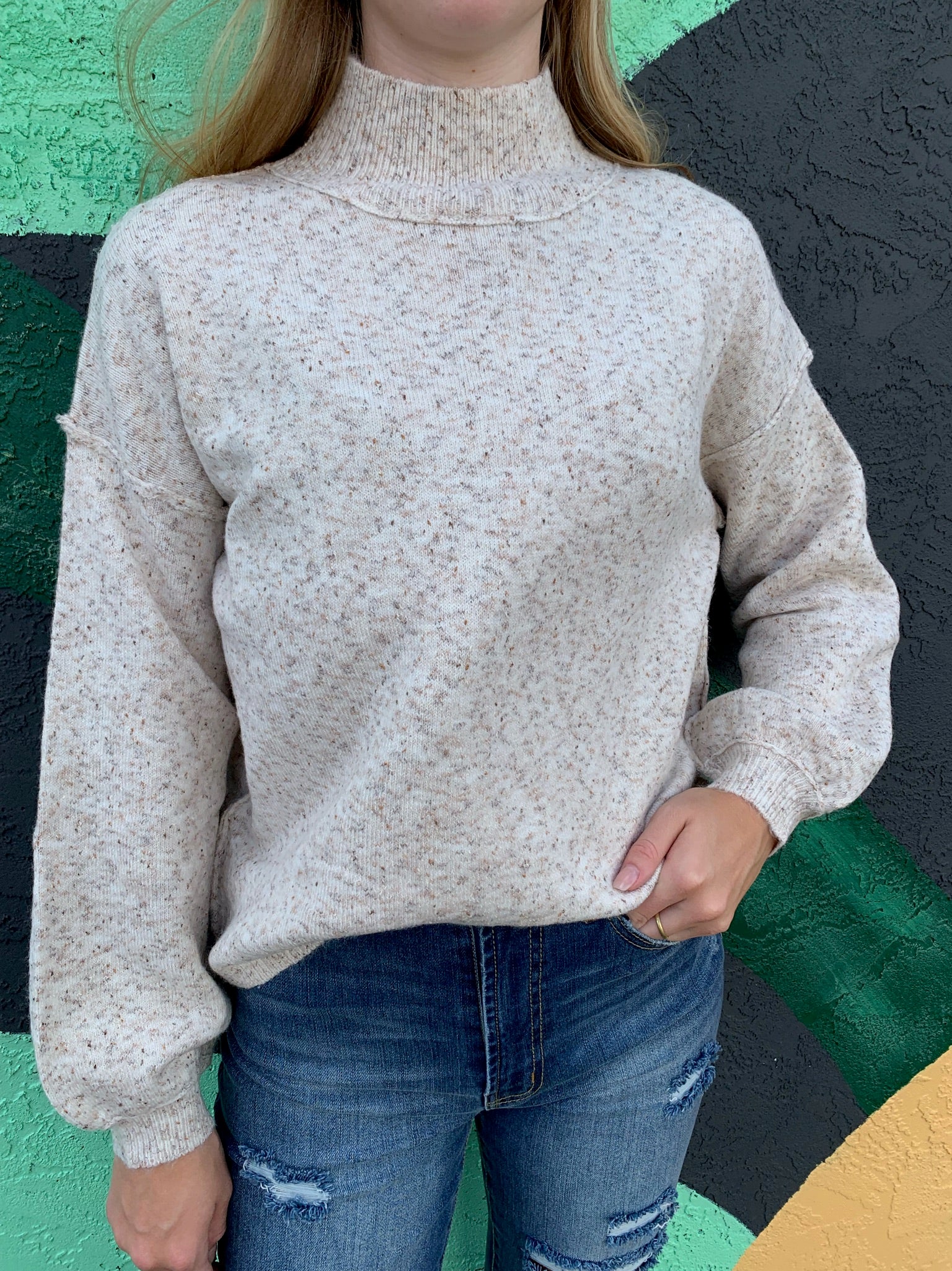 Funnel Neck Pullover Sweater,  OATMEAL