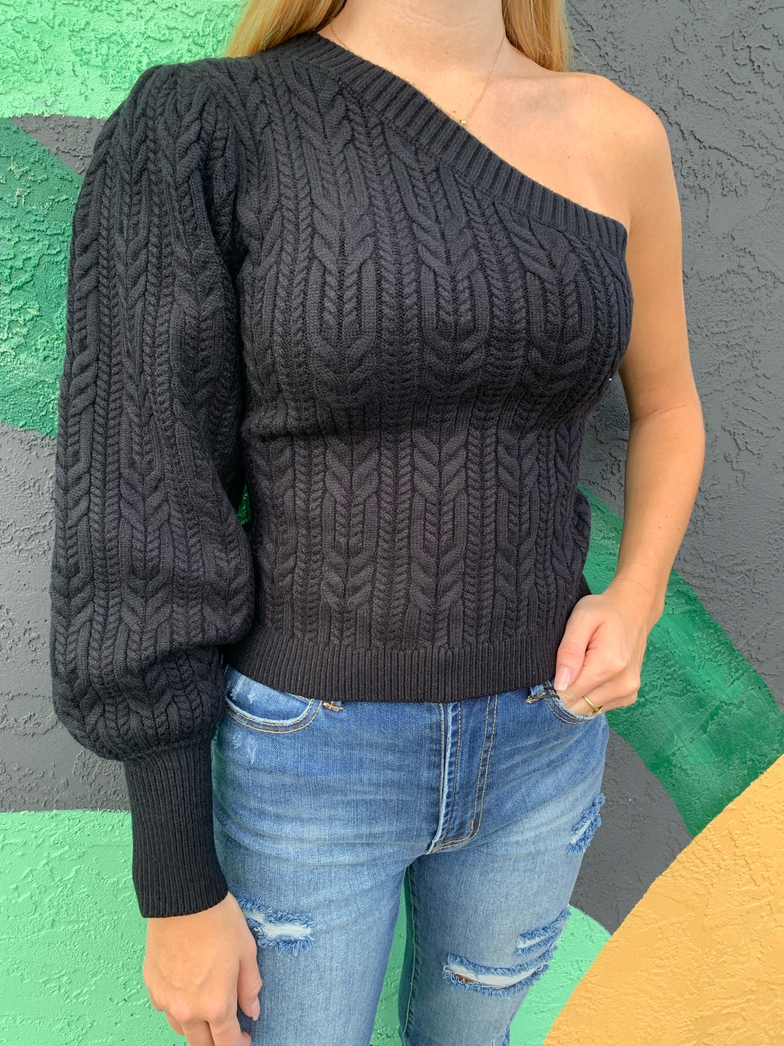 One Shoulder Cable Knit Sweater