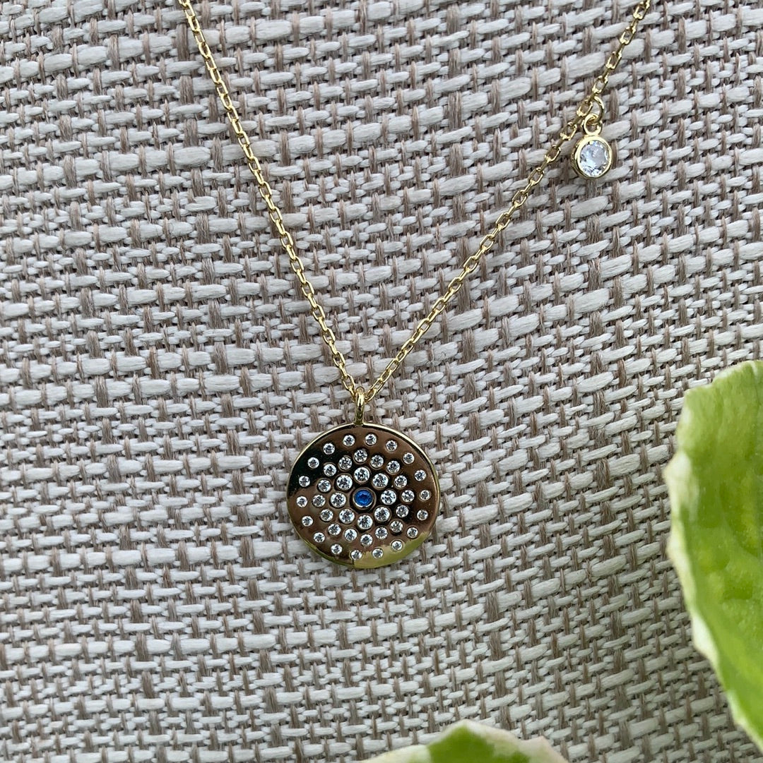 round with blue and cz chain 14k/SS