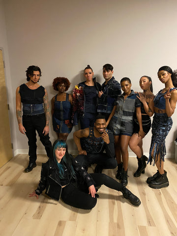 Fashion designer Stevie leigh Andrascik with models backstage at fashion show spring 2023
