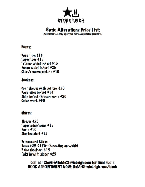 Tailor Stevie Leigh Andrascik alteration price list