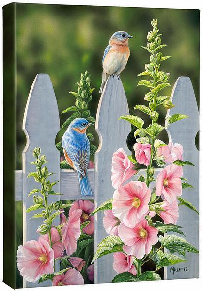 Image of Picket FenceBluebirds - 13" x 18" Gallery Wrapped Canvas