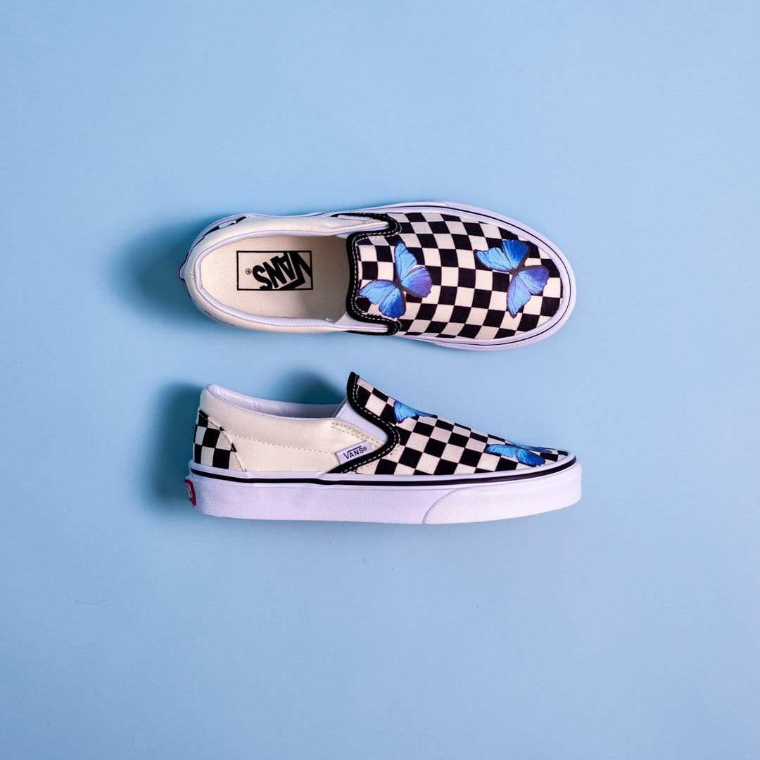 checkered vans with blue drip