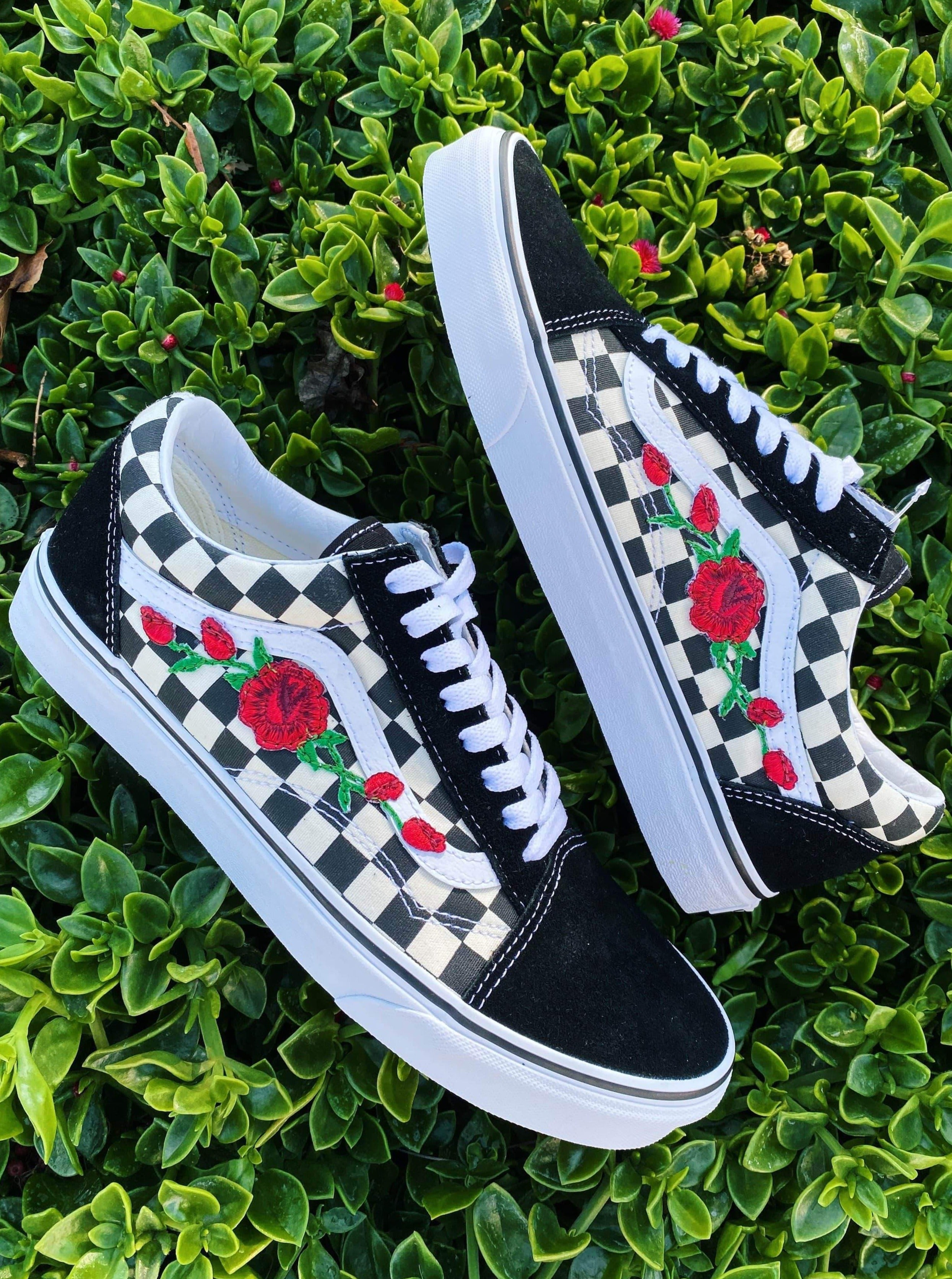 black checkered vans with roses