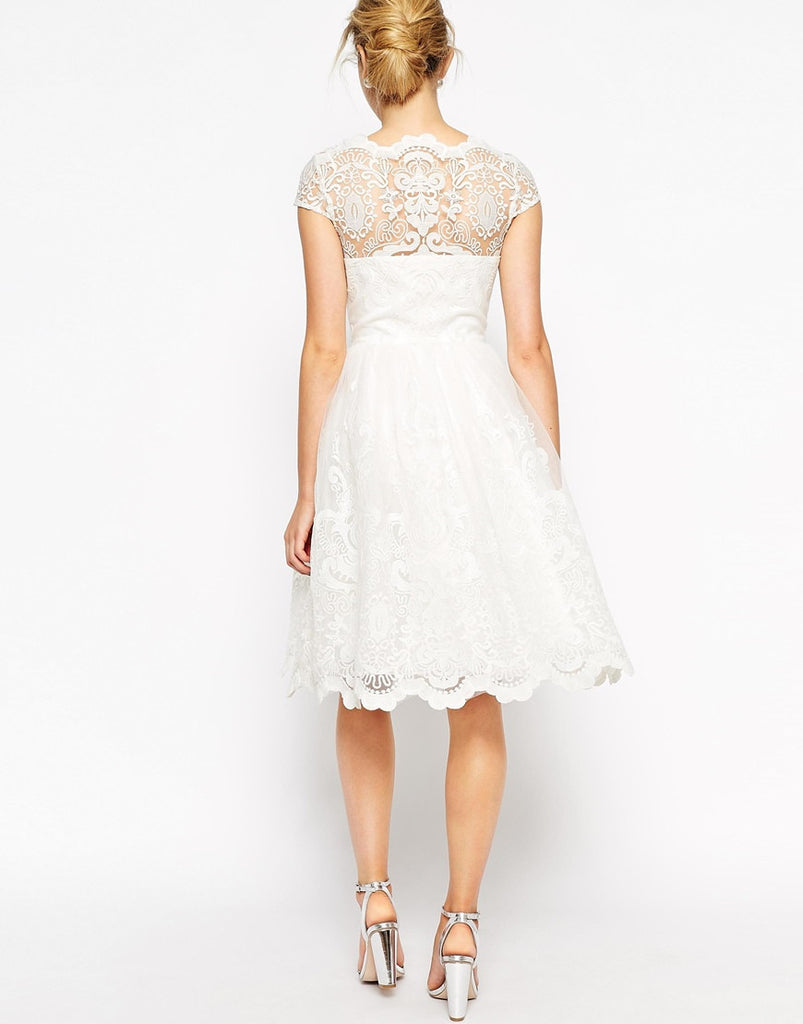 Modest white lace wedding midi dress with cap sleeves - Mode-sty