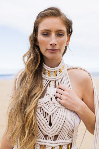 Emma Hedley Jewellery Claire Collinson Photography Organic Constellation Macrame rope dress Model Hannah Shaw