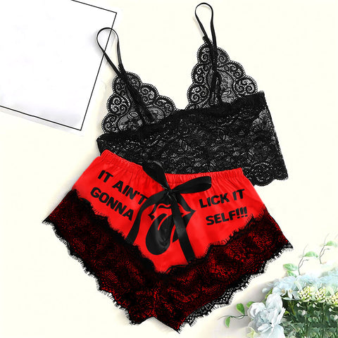 As a product expert, I present to you our Women's Lace Pajama Set. It features a comfortable lace top and bottom with a humorous "It Ain't Gonna Lick Itself" print. With its chic red color, you'll both feel relaxed and stylish. Perfect as a gift for your partner. Enjoy your night with this sleepwear.