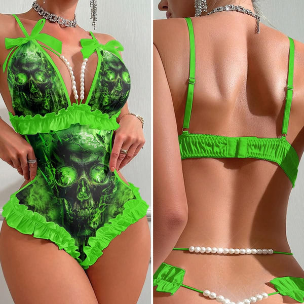 Wonder Skull Women's Lingerie Set featuring Green Skull print and faux Pearl Chain Decoration. Soft, breathable fabric for ultimate comfort. Elevate your femininity and confidence. Perfect for special occasions or date nights.
