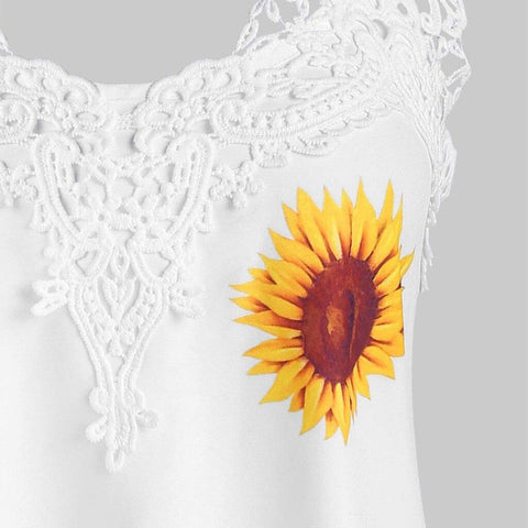 Sunflowers Patchwork Tank Top, Sexy Floral Lace Neck Sleeveless Statement Piece For Women