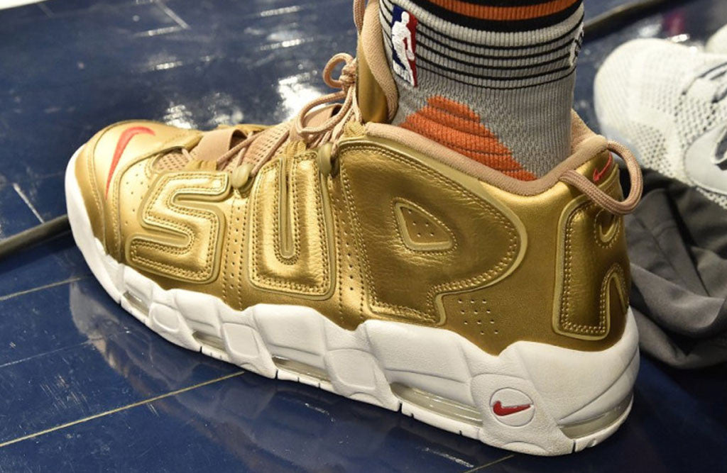 Supreme x Nike Air More Suptempo Release gold on foot