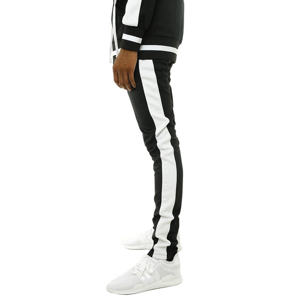 black track pants white stripe