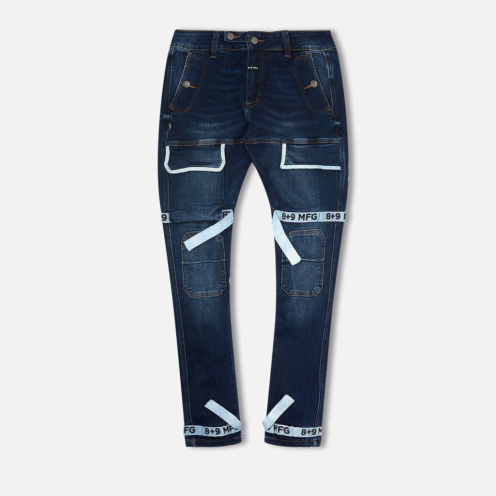 Strapped Up Slim Utility Dark Washed Jeans Flint Straps – 8&9