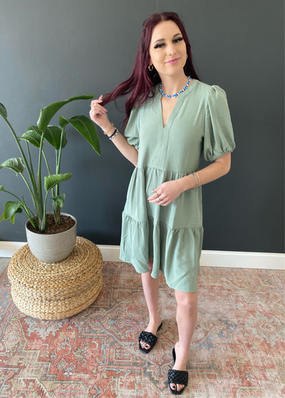 Sage Solid Tiered Layer Dress