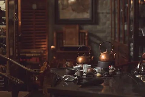 Inside a cozy rustic tea-house