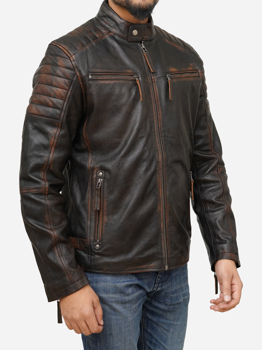 Men's Distressed Brown Leather Moto Café Racer Jacket