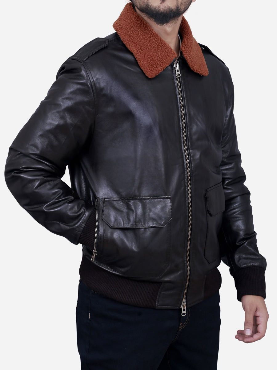 Regan Brown Shearling Collar Bomber Leather Jacket