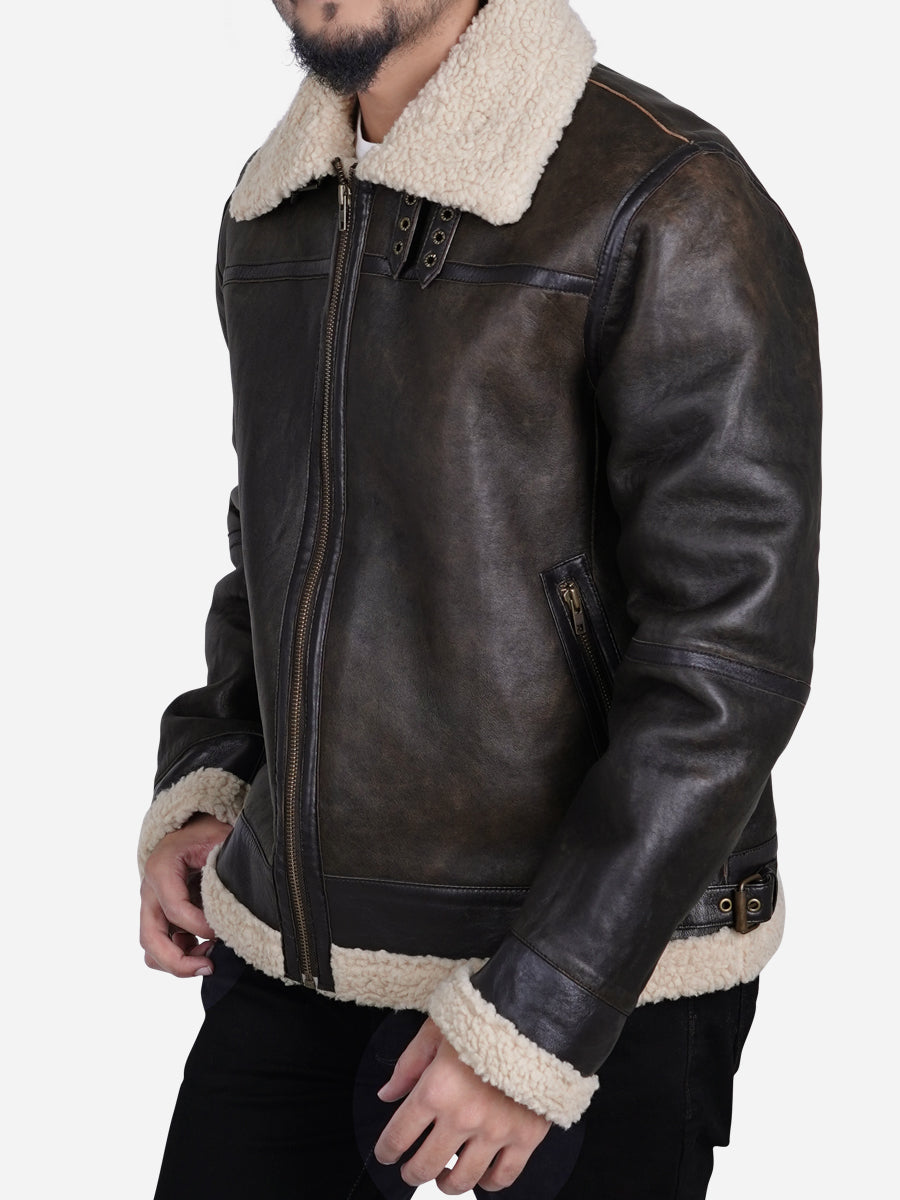 Zito Men's Brown Faux Shearling B3 Bomber Leather Jacket