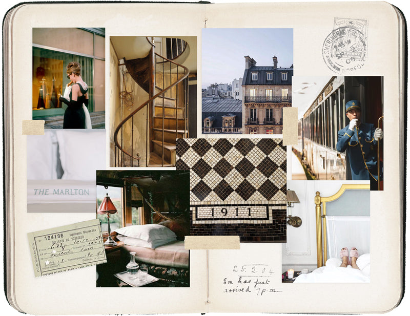 Pullman Collection inspiration moodboard of Paris, luxury train travel and New York City