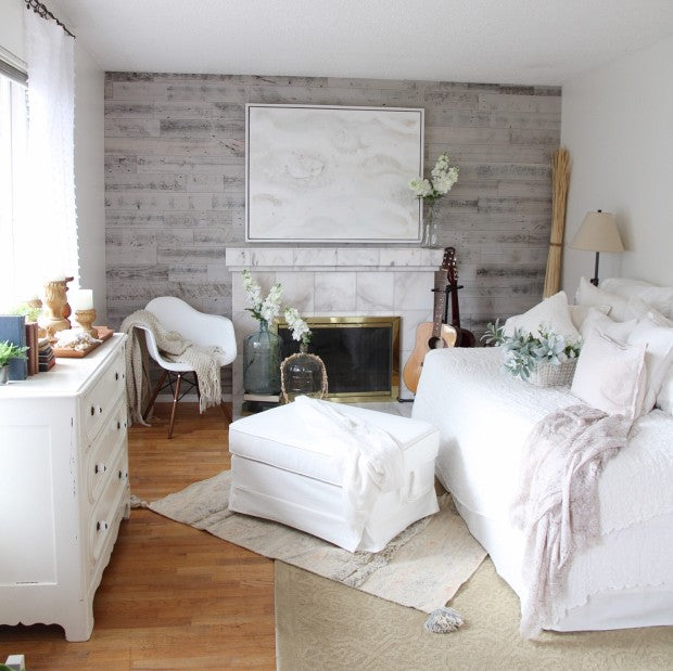 Stikwood Living Room Remodel Redesign Reclaimed Weathered Wood Gray Real Wood Wall Planks