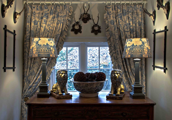 Curtains and lampshades from fabric designed by Mary Jane McCarty