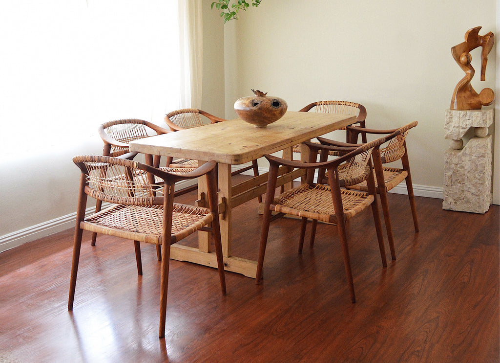 Set of six bambi chairs in cane and teak