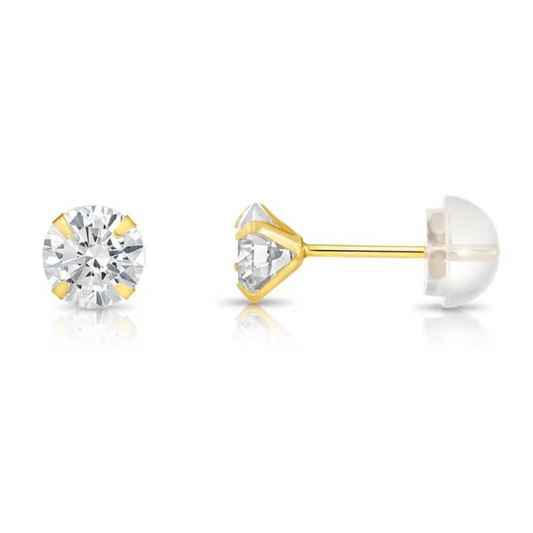 14K Yellow Gold Ball Stud Earrings, Silicone Covered Gold Push Backings (Unisex) 3mm