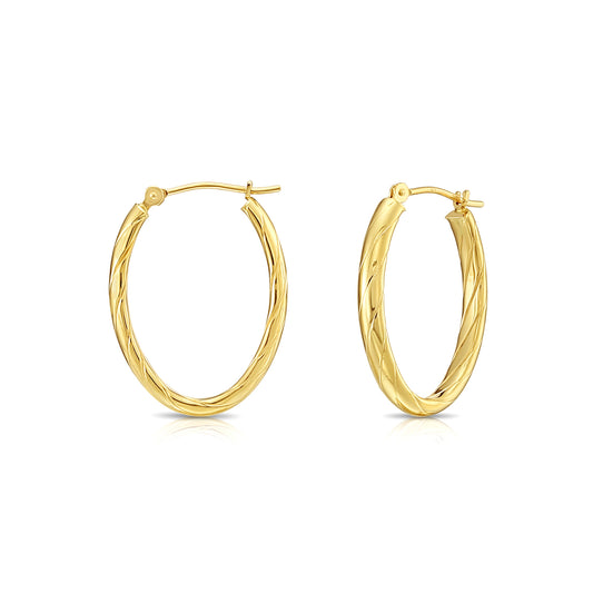 14K Yellow Gold Checkered Hand Engraving Hoop Earrings - 1 inch 30mm (1.2 inch)