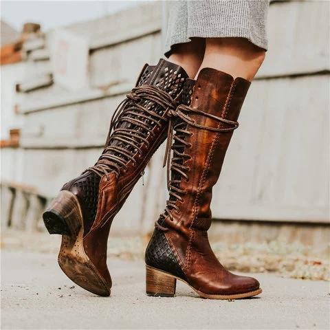 women vintage tassel knot knee high boots chunky heel boots