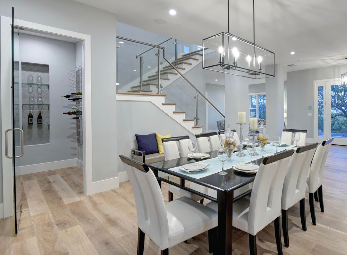 contemporary dining room with glass enclosed wine cellar in los altos CA