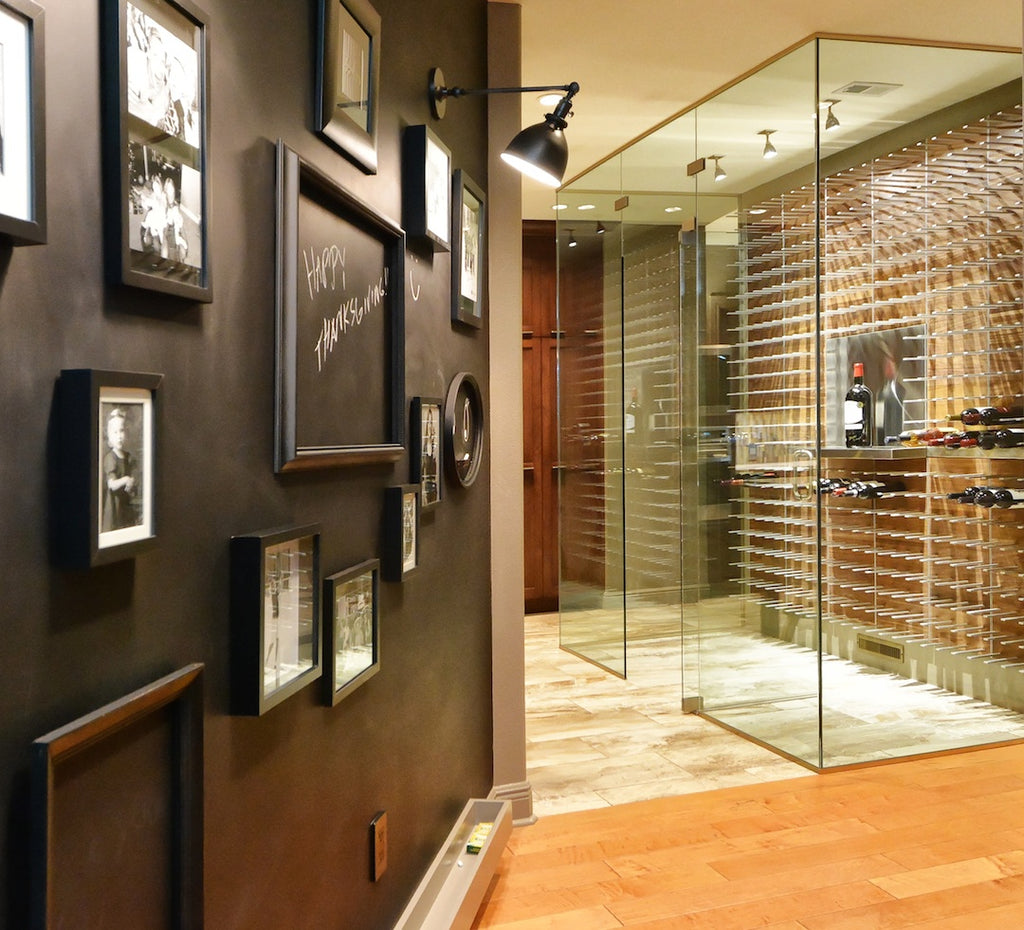 custom glass wine cellar in kitchen