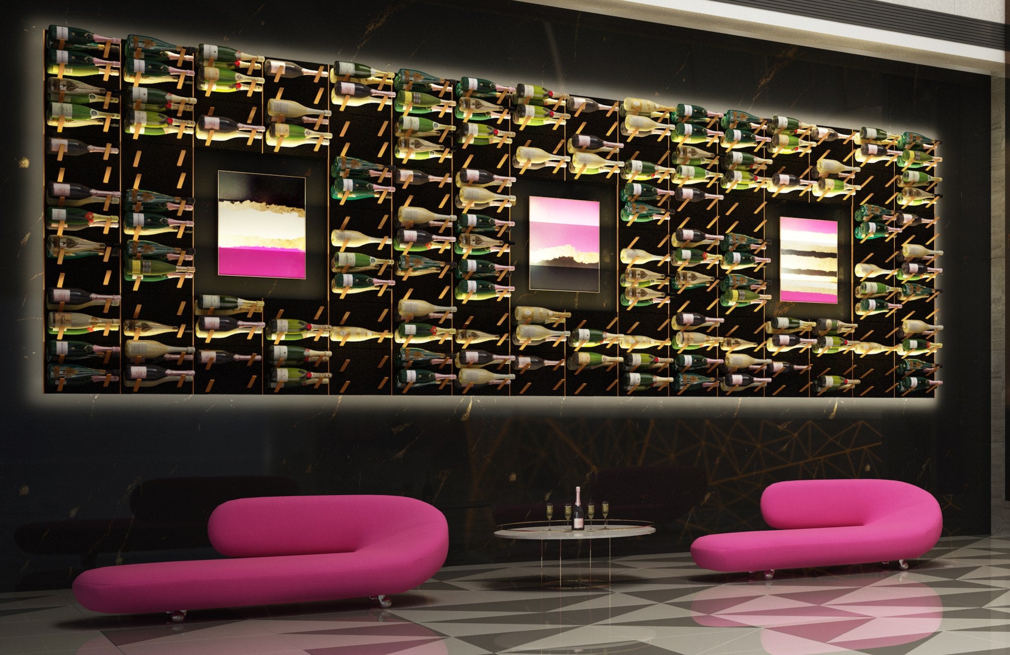 back lit wine wall display with gold bars