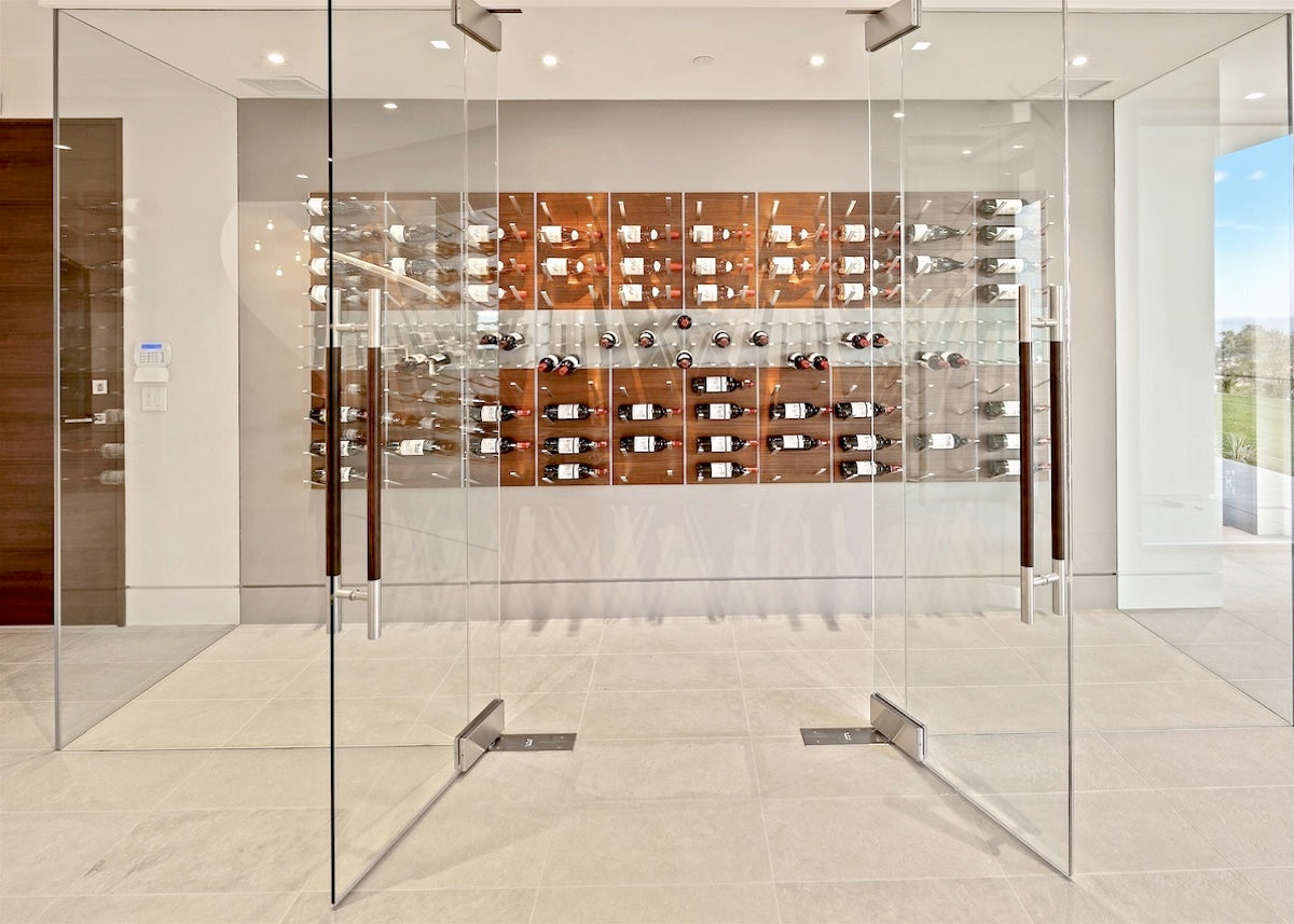 large glass enclosed wine room