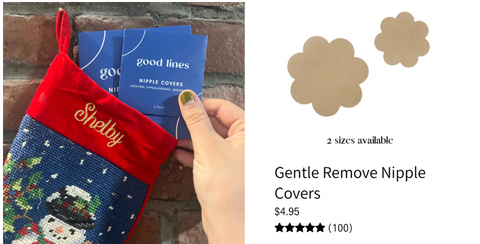 Good Lines Nipple Covers being placed into a stocking