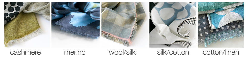 The collection of materials used by PilgrimWaters in its products: cashmere, merino, cotton/silk, silk/wool and cotton/linen