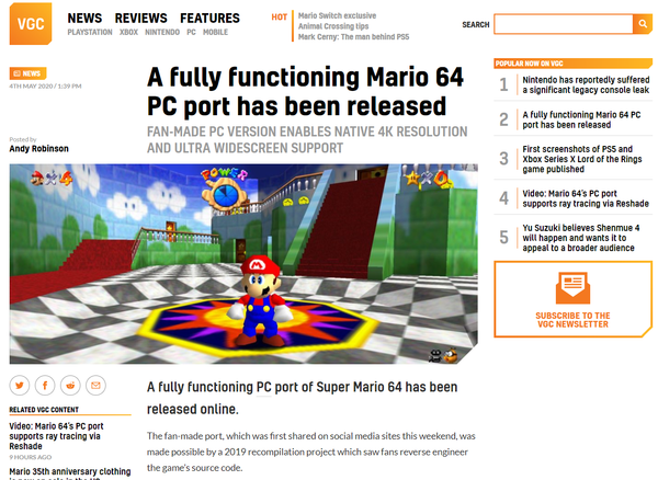 A fully functioning Mario 64 PC port has been released