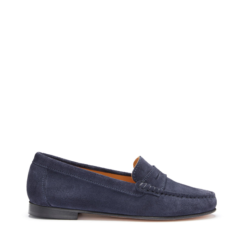 Women's Penny Loafers Leather Sole, navy blue suede - Hugs & Co.