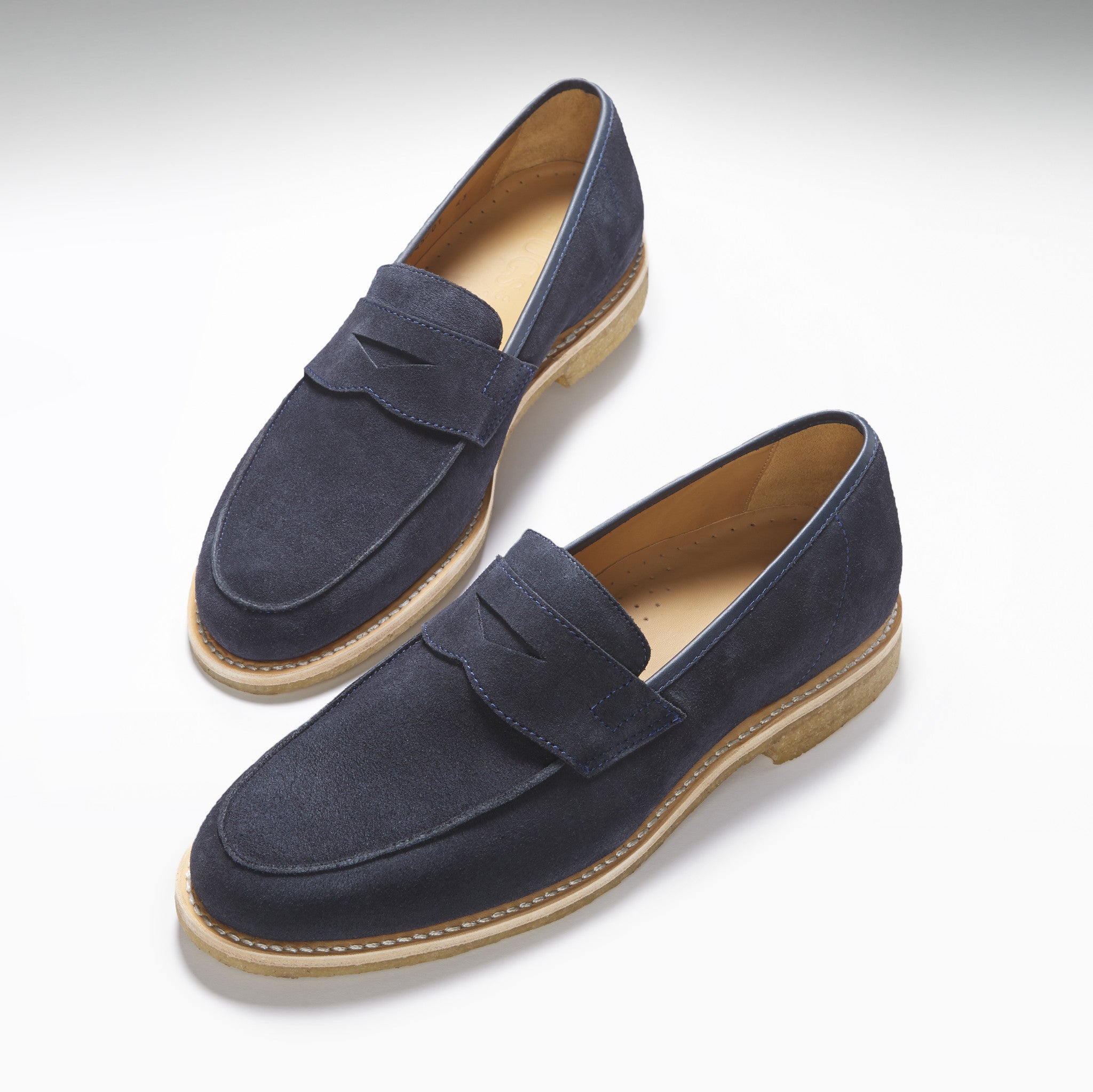 Blue Suede Loafers, Crepe Rubber Welted Sole - Hugs & Co.