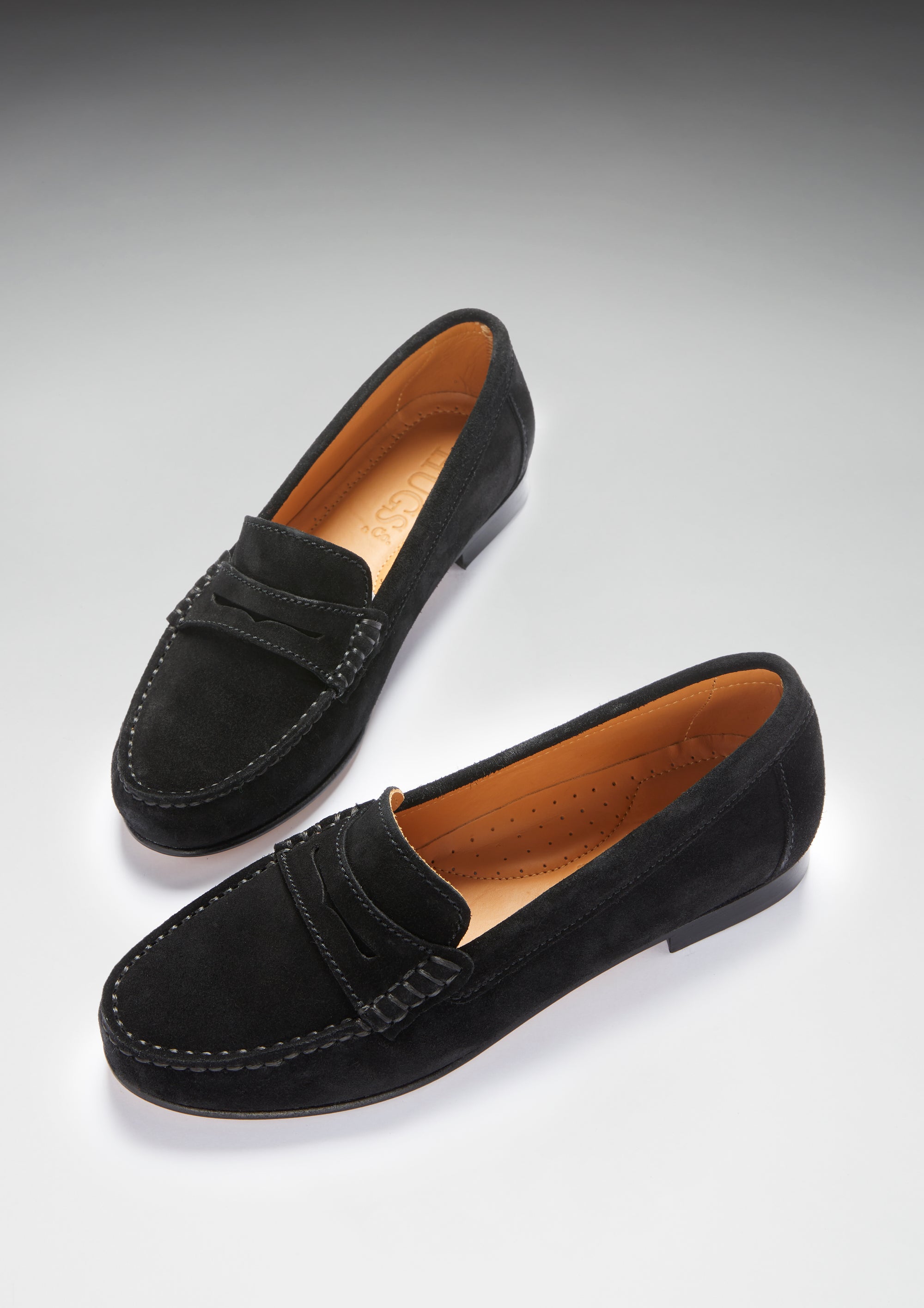 Women's Penny Loafers Leather Sole, black suede - Hugs & Co.