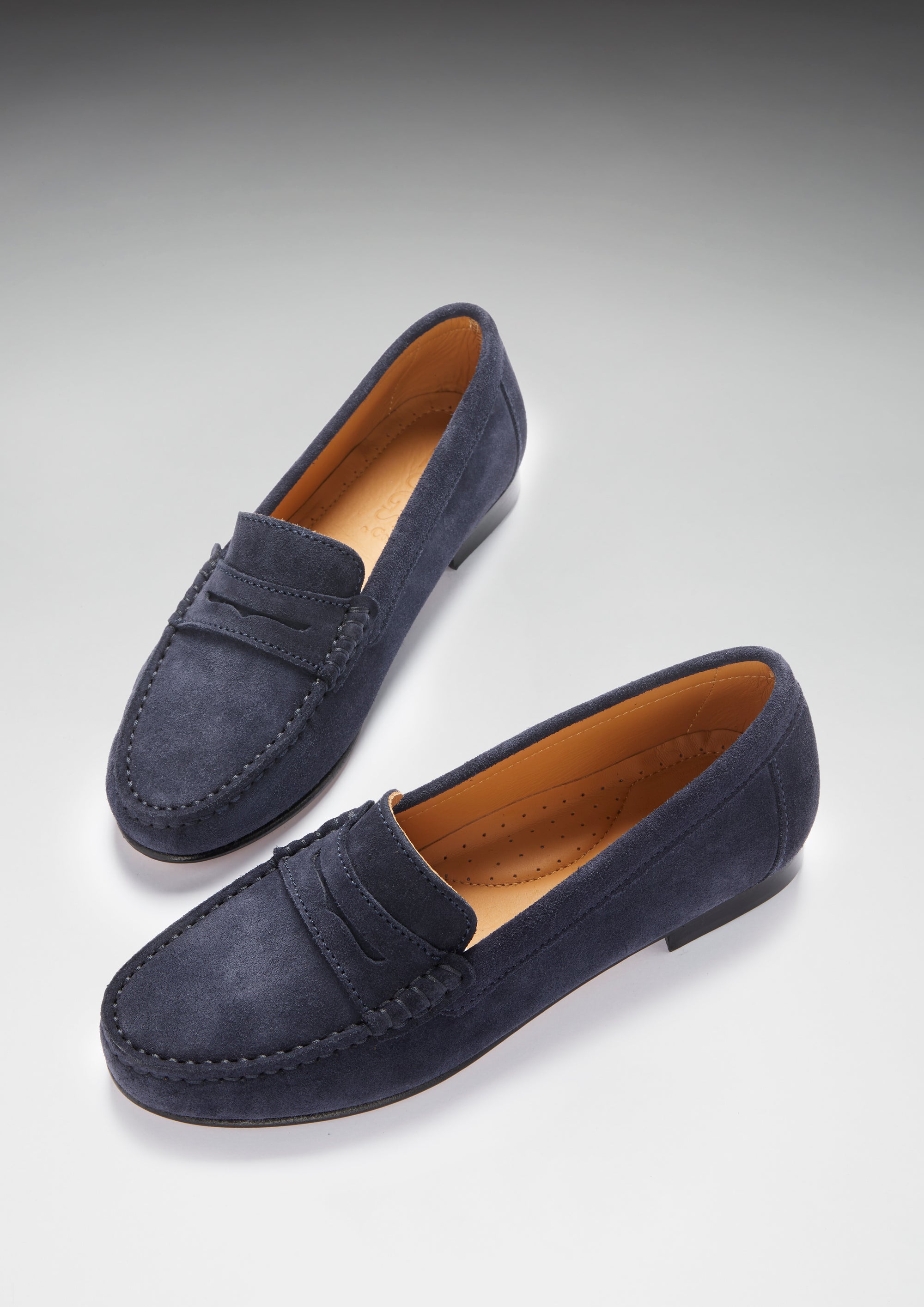 Women's Penny Loafers Leather Sole, navy blue suede - Hugs & Co.